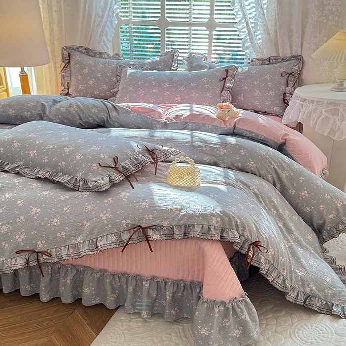 91家纺网 家纺一手货源 找家纺 韩约家纺 2025新款韩约1韩式蝴蝶结床盖款棉麻四件套 伊洛