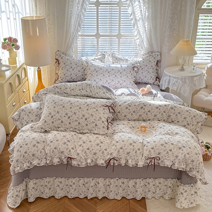 91家纺网 家纺一手货源 找家纺 韩约家纺 2025新款韩约1韩式蝴蝶结床盖款棉麻四件套 花语