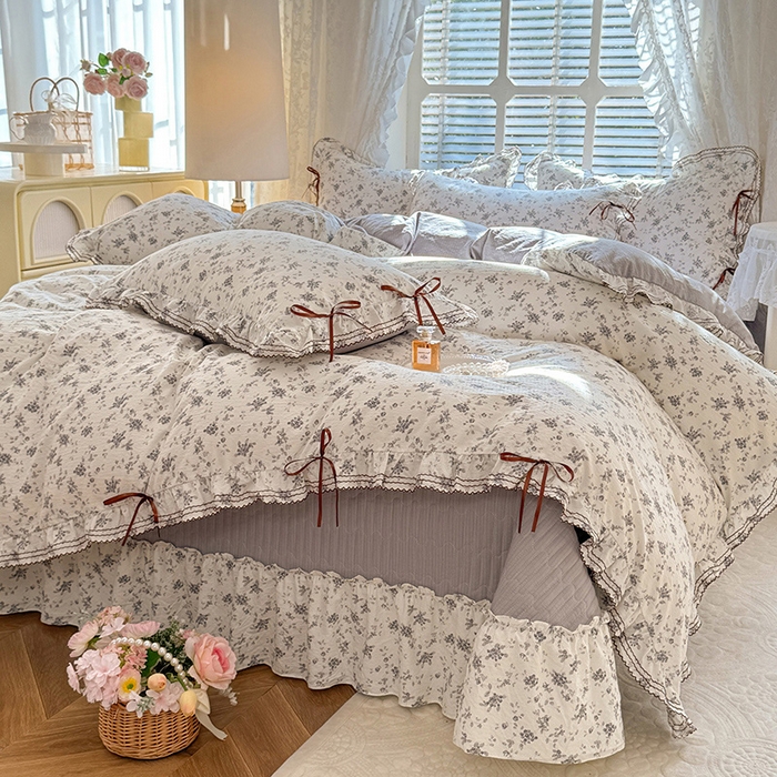 91家纺网 家纺一手货源 找家纺 韩约家纺 2025新款韩约1韩式蝴蝶结床盖款棉麻四件套 花语