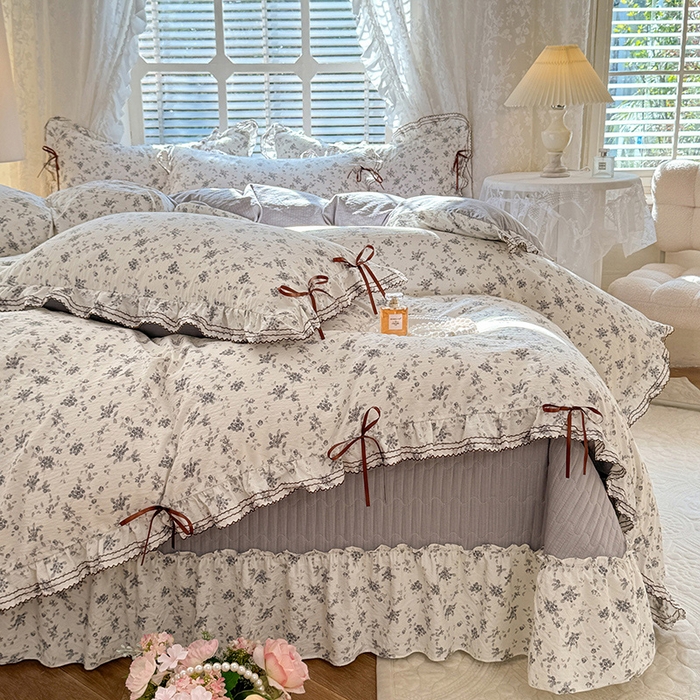91家纺网 家纺一手货源 找家纺 韩约家纺 2025新款韩约1韩式蝴蝶结床盖款棉麻四件套 花语