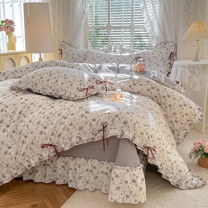 91家纺网 家纺一手货源 找家纺 韩约家纺 2025新款韩约1韩式蝴蝶结床盖款棉麻四件套 花语