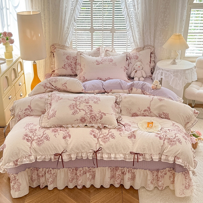 91家纺网 家纺一手货源 找家纺 韩约家纺 2025新款韩约1韩式蝴蝶结床盖款棉麻四件套 秋韵