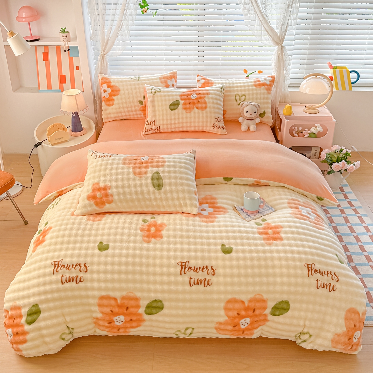 91家纺网 家纺一手货源 找家纺 归属 2025新款牛奶绒泡泡绒四件套 太阳花