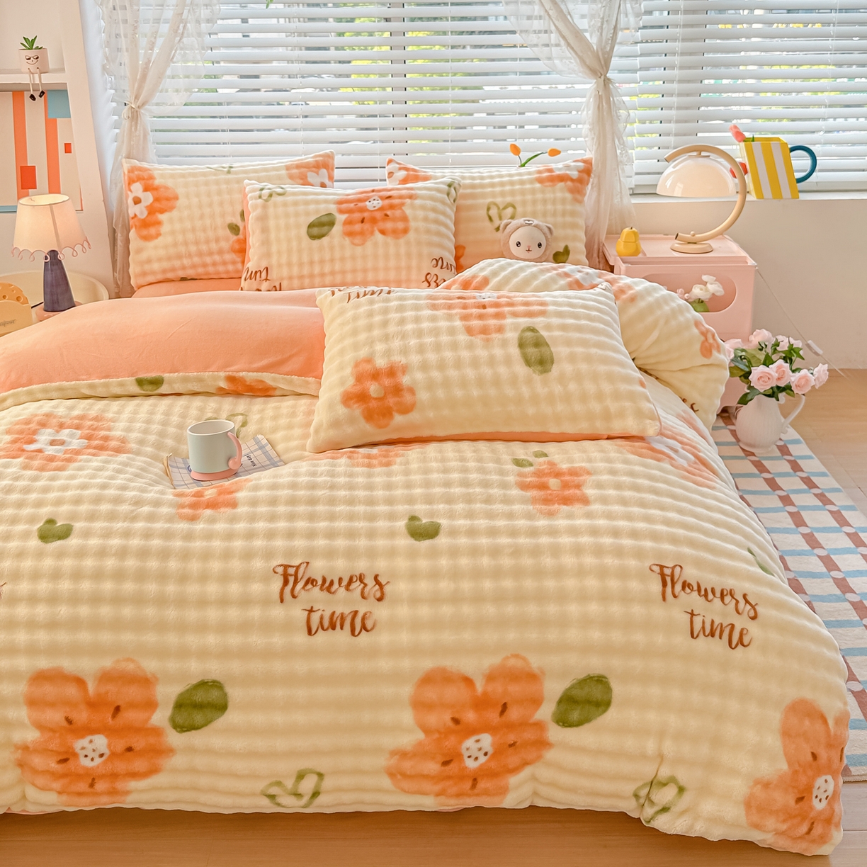 91家纺网 家纺一手货源 找家纺 归属 2025新款牛奶绒泡泡绒四件套 太阳花