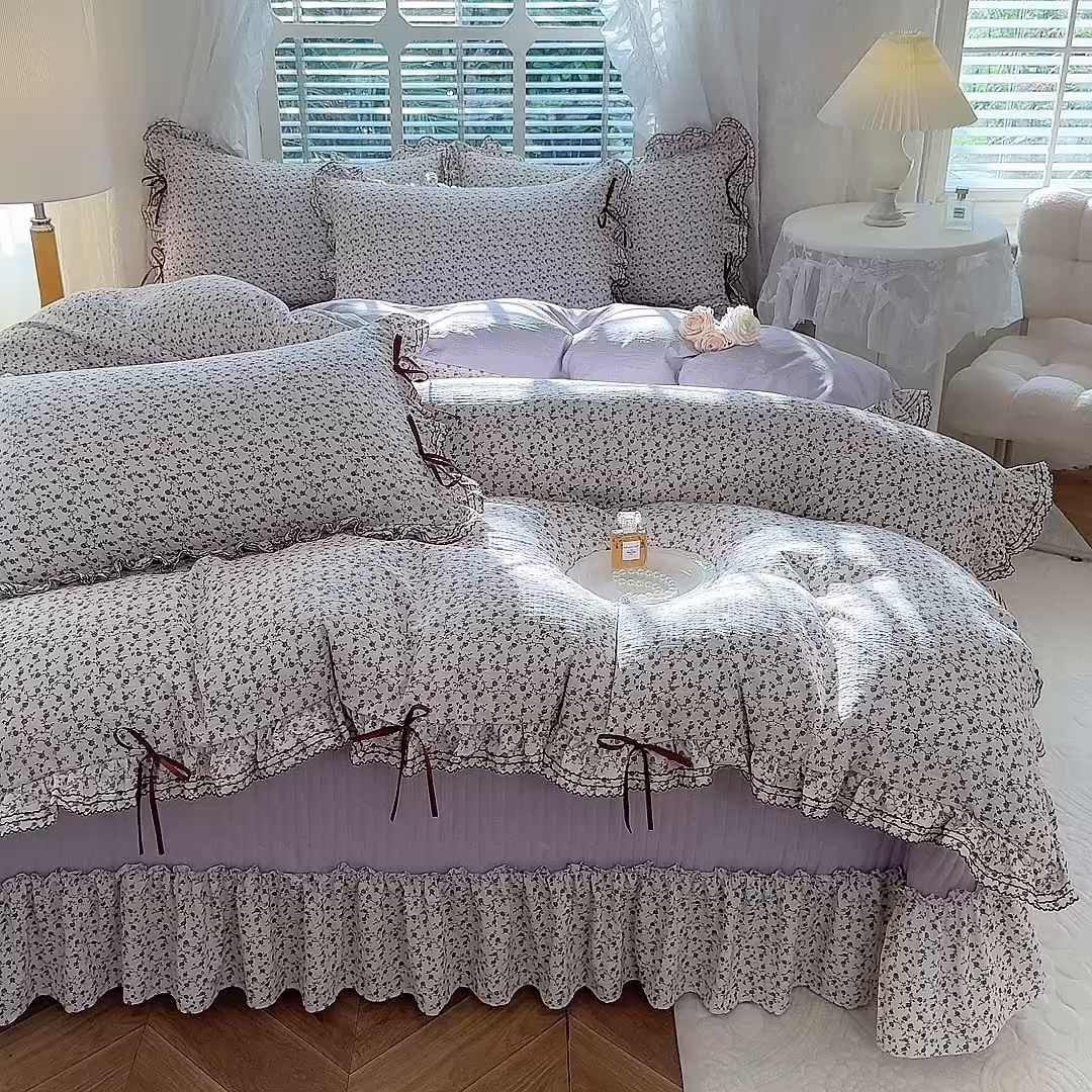 91家纺网 家纺一手货源 找家纺 韩约家纺 2025新款韩约1韩式蝴蝶结床盖款棉麻四件套 诗雨