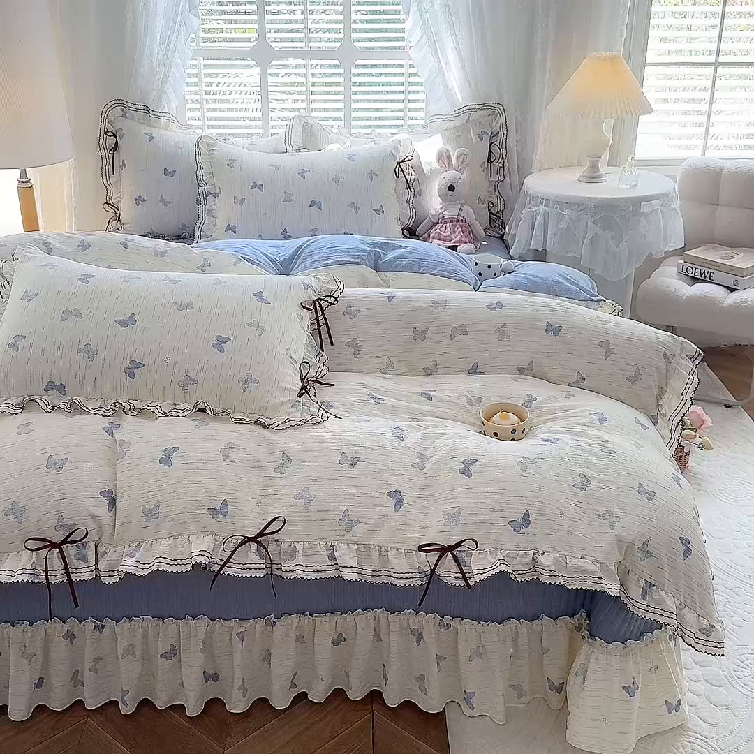 91家纺网 家纺一手货源 找家纺 韩约家纺 2025新款韩约1韩式蝴蝶结床盖款棉麻四件套 美蝶