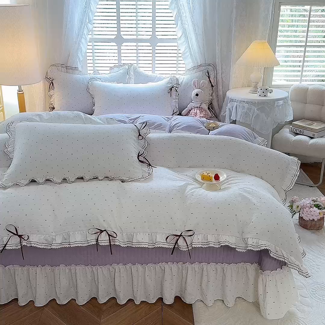 91家纺网 家纺一手货源 找家纺 韩约家纺 2025新款韩约1韩式蝴蝶结床盖款棉麻四件套 怦然心动