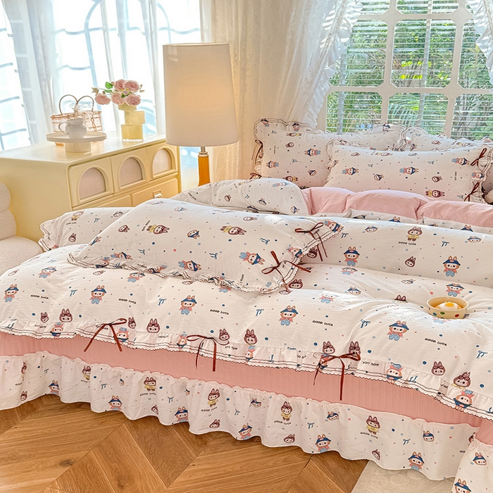 91家纺网 家纺一手货源 找家纺 韩约家纺 2025新款韩约1韩式蝴蝶结床盖款棉麻四件套 美布多