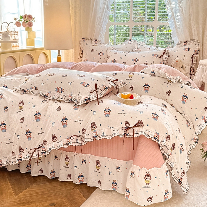 91家纺网 家纺一手货源 找家纺 韩约家纺 2025新款韩约1韩式蝴蝶结床盖款棉麻四件套 美布多