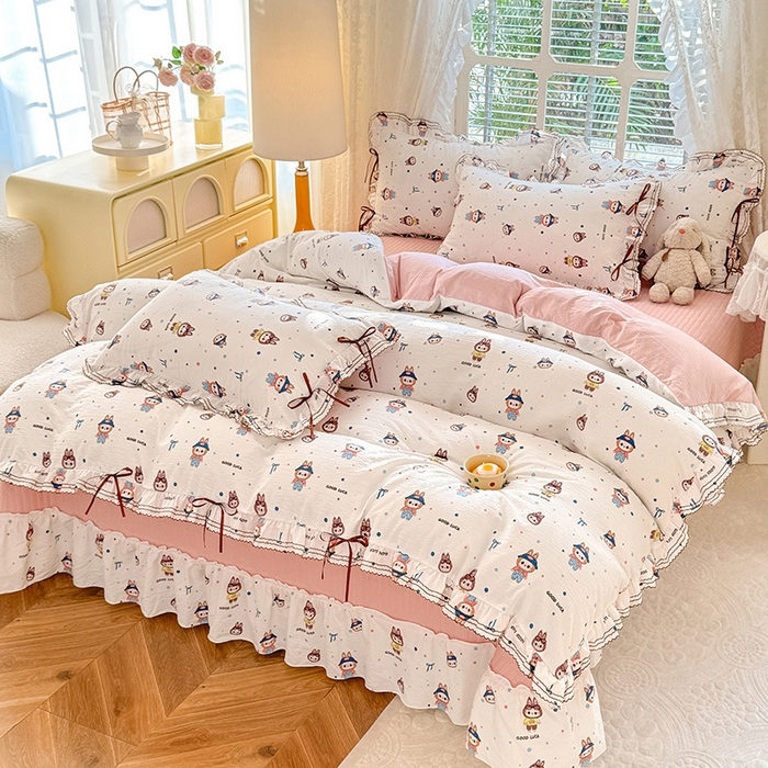 91家纺网 家纺一手货源 找家纺 韩约家纺 2025新款韩约1韩式蝴蝶结床盖款棉麻四件套 美布多