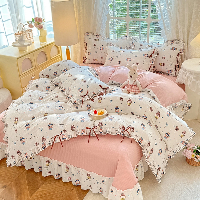 91家纺网 家纺一手货源 找家纺 韩约家纺 2025新款韩约1韩式蝴蝶结床盖款棉麻四件套 美布多