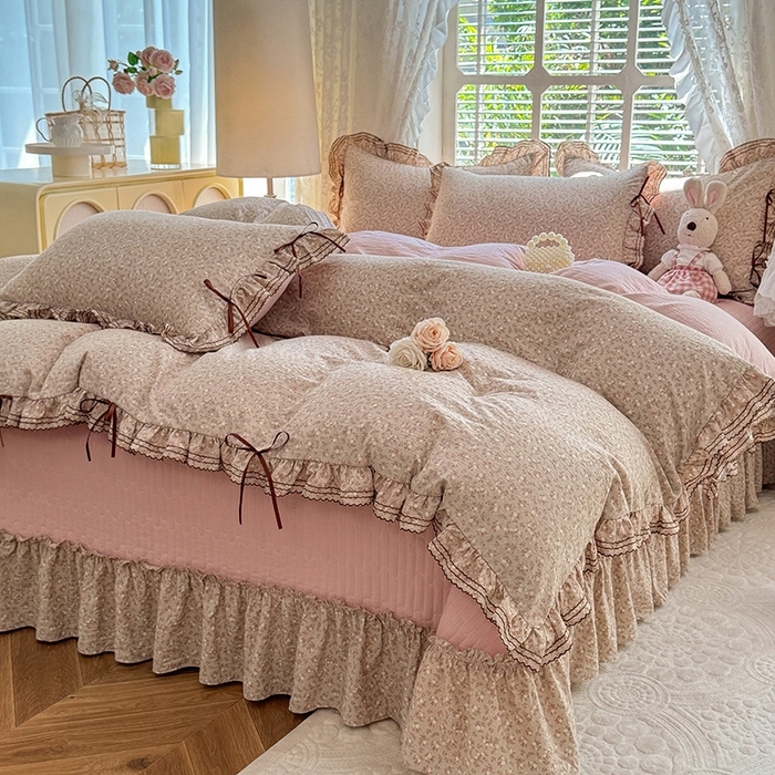 91家纺网 家纺一手货源 找家纺 韩约家纺 2025新款韩约1韩式蝴蝶结床盖款棉麻四件套 心动