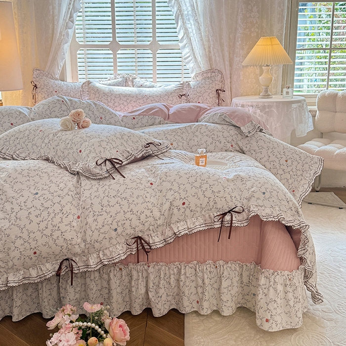 91家纺网 家纺一手货源 找家纺 韩约家纺 2025新款韩约1韩式蝴蝶结床盖款棉麻四件套 初颜