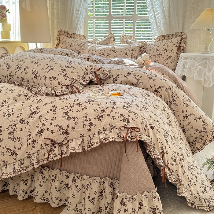 91家纺网 家纺一手货源 找家纺 韩约家纺 2025新款韩约1韩式蝴蝶结床盖款棉麻四件套 雅致