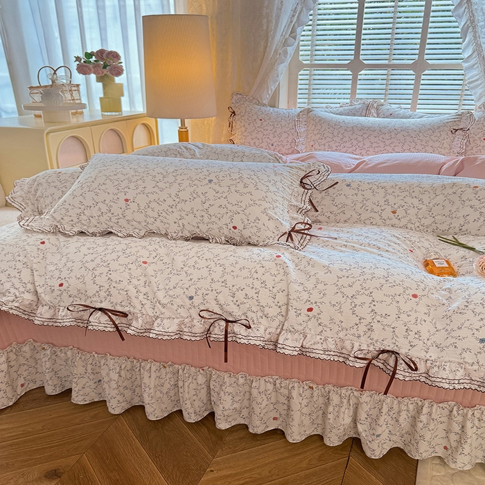 91家纺网 家纺一手货源 找家纺 韩约家纺 2025新款韩约1韩式蝴蝶结床盖款棉麻四件套 初颜