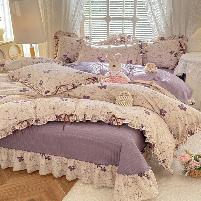 91家纺网 家纺一手货源 找家纺 韩约家纺 2025新款韩约1韩式蝴蝶结床盖款棉麻四件套 情缘