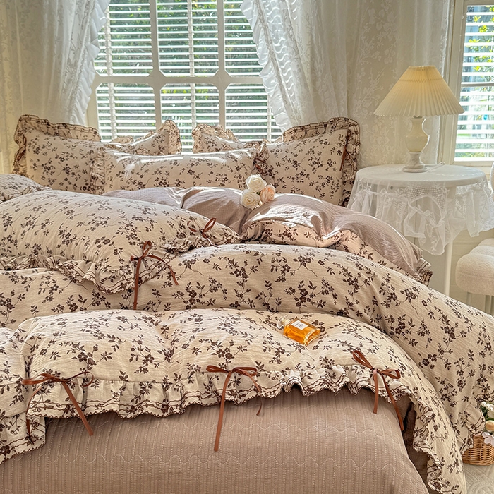 91家纺网 家纺一手货源 找家纺 韩约家纺 2025新款韩约1韩式蝴蝶结床盖款棉麻四件套 雅致