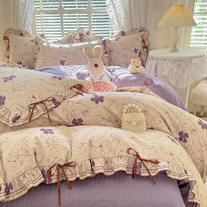 91家纺网 家纺一手货源 找家纺 韩约家纺 2025新款韩约1韩式蝴蝶结床盖款棉麻四件套 情缘