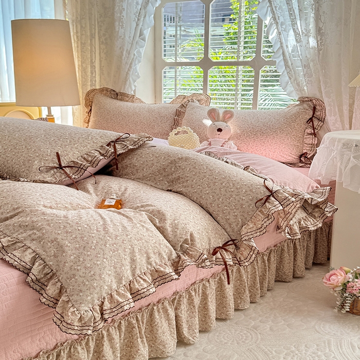 91家纺网 家纺一手货源 找家纺 韩约家纺 2025新款韩约1韩式蝴蝶结床盖款棉麻四件套 心动