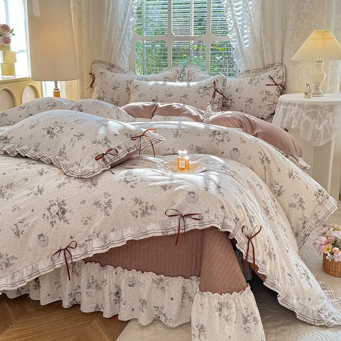 韩约家纺 2025新款韩约1韩式蝴蝶结床盖款棉麻四件套 芳华