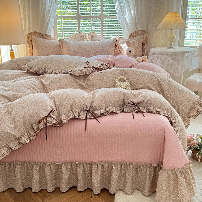 91家纺网 家纺一手货源 找家纺 韩约家纺 2025新款韩约1韩式蝴蝶结床盖款棉麻四件套 心动