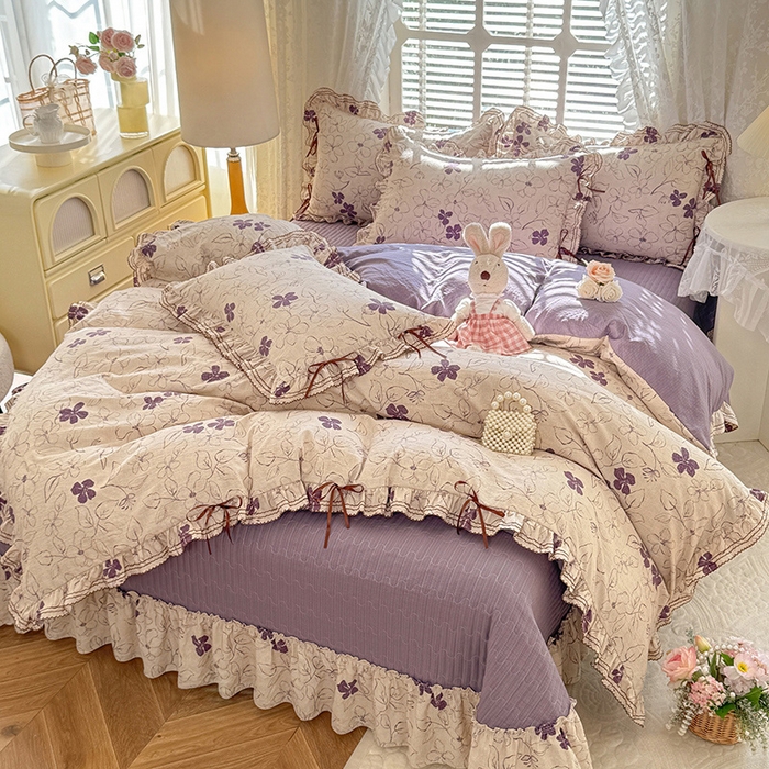 91家纺网 家纺一手货源 找家纺 韩约家纺 2025新款韩约1韩式蝴蝶结床盖款棉麻四件套 情缘