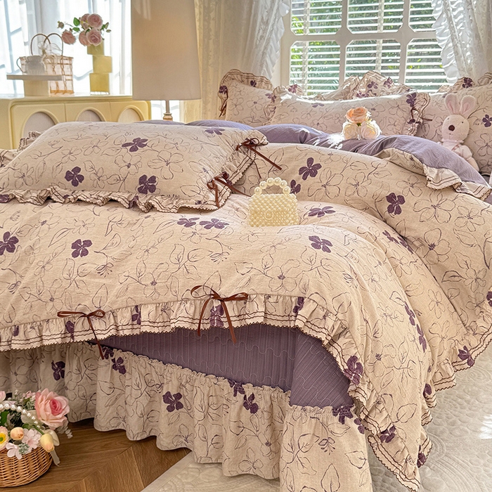 91家纺网 家纺一手货源 找家纺 韩约家纺 2025新款韩约1韩式蝴蝶结床盖款棉麻四件套 情缘