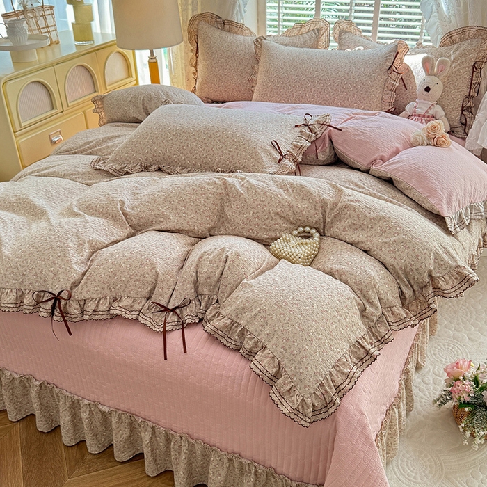 91家纺网 家纺一手货源 找家纺 韩约家纺 2025新款韩约1韩式蝴蝶结床盖款棉麻四件套 心动