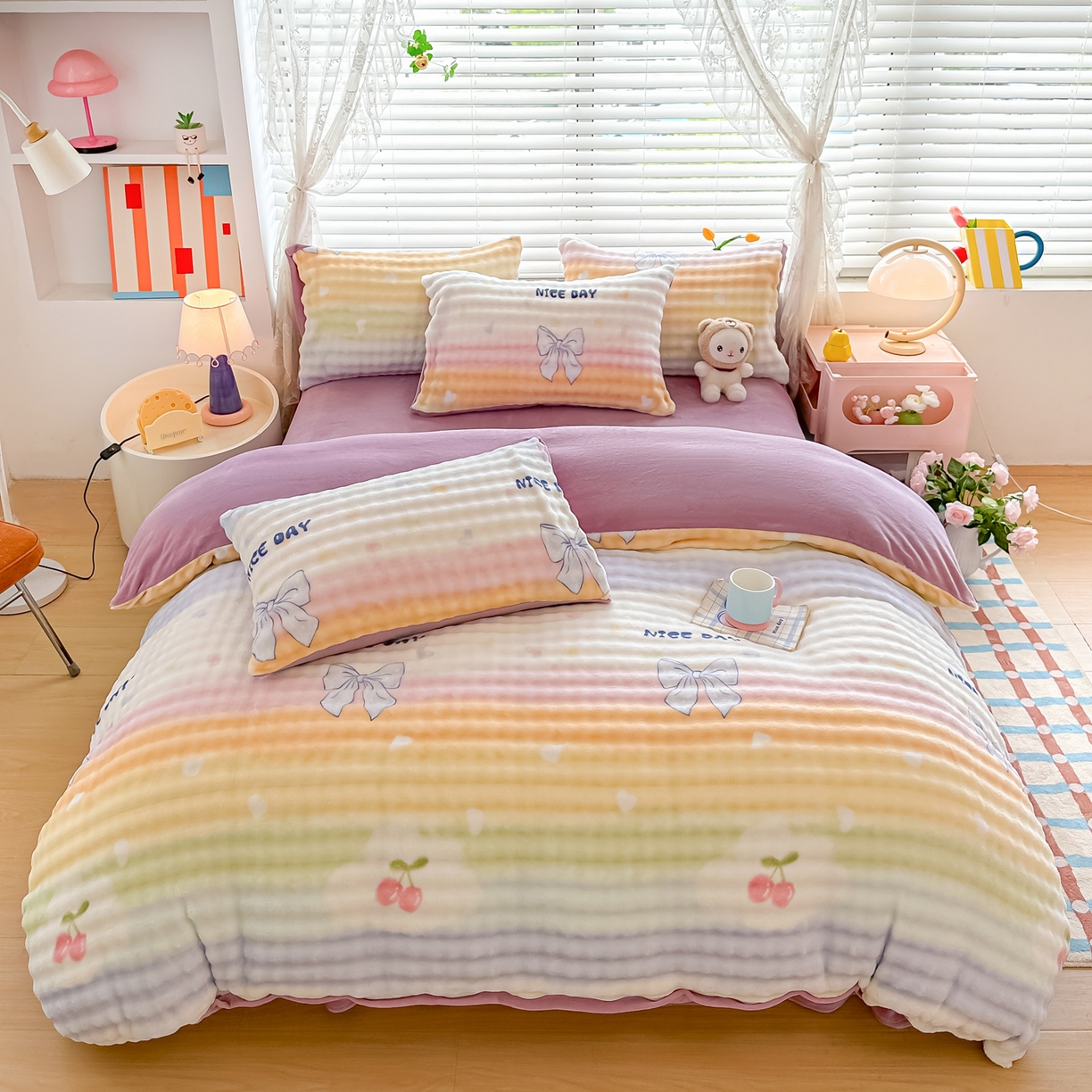 91家纺网 家纺一手货源 找家纺 归属 2025新款牛奶绒泡泡绒四件套 樱桃儿