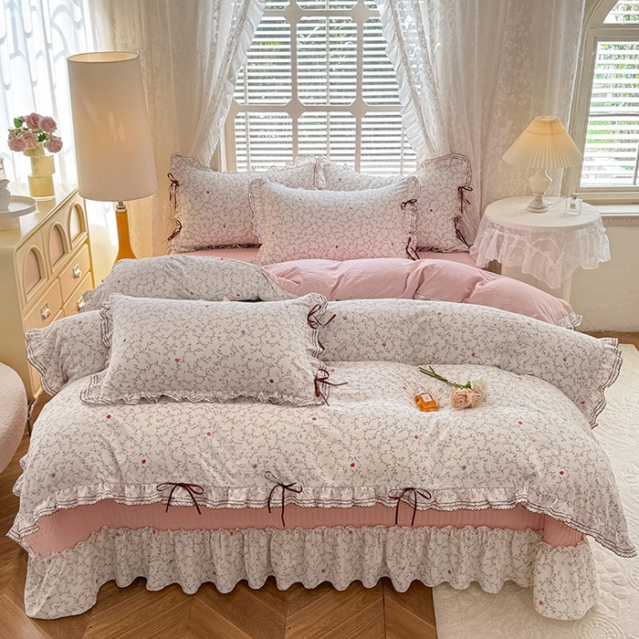 91家纺网 家纺一手货源 找家纺 韩约家纺 2025新款韩约1韩式蝴蝶结床盖款棉麻四件套 初颜