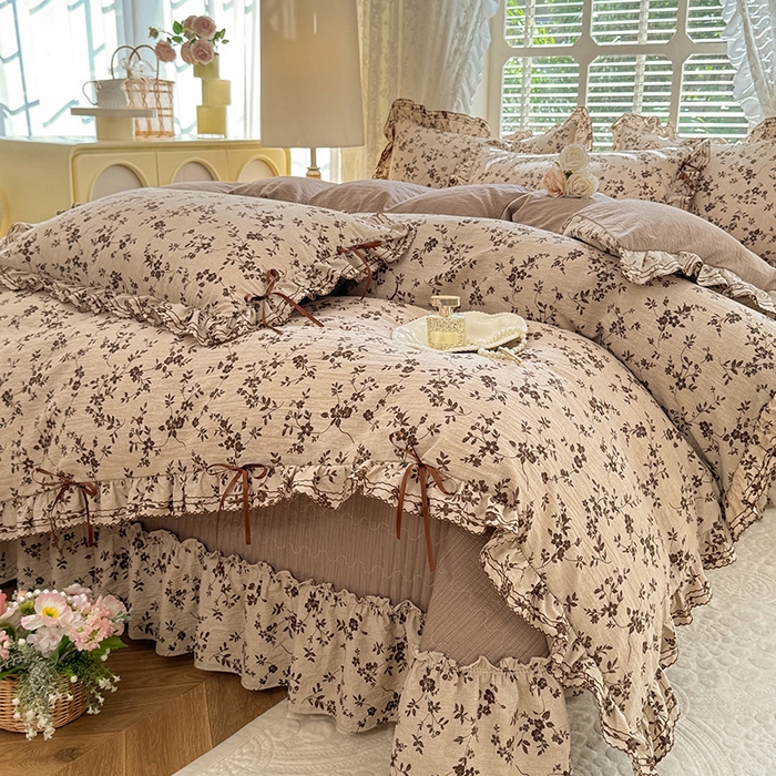 91家纺网 家纺一手货源 找家纺 韩约家纺 2025新款韩约1韩式蝴蝶结床盖款棉麻四件套 雅致