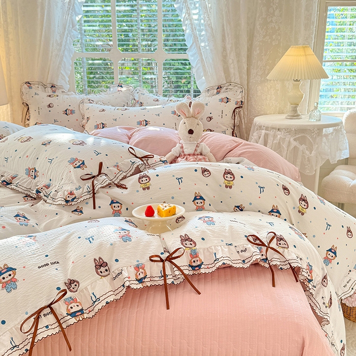 91家纺网 家纺一手货源 找家纺 韩约家纺 2025新款韩约1韩式蝴蝶结床盖款棉麻四件套 美布多