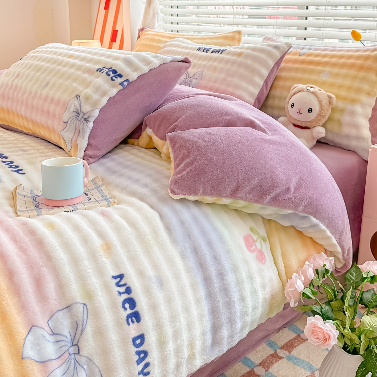 91家纺网 家纺一手货源 找家纺 归属 2025新款牛奶绒泡泡绒四件套 樱桃儿