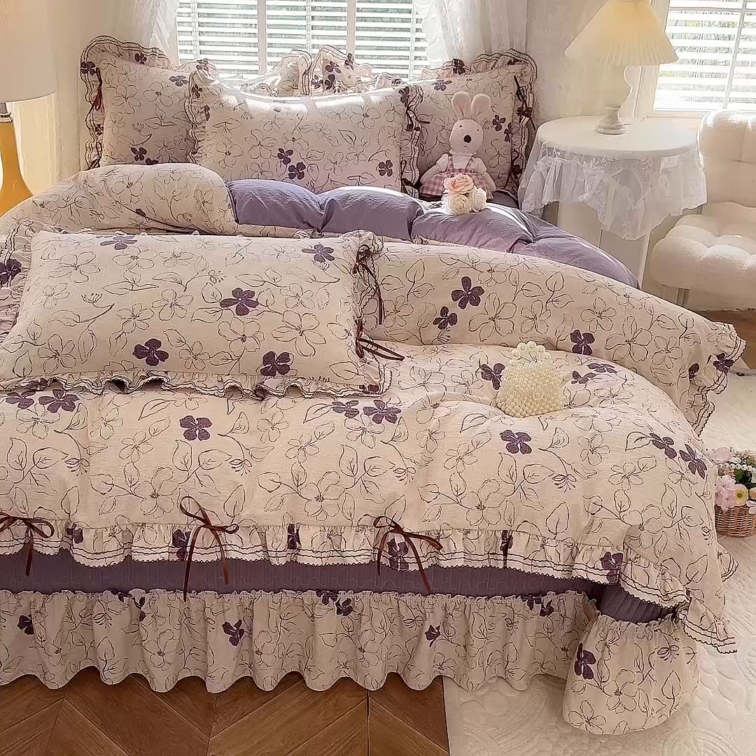 91家纺网 家纺一手货源 找家纺 韩约家纺 2025新款韩约1韩式蝴蝶结床盖款棉麻四件套 情缘