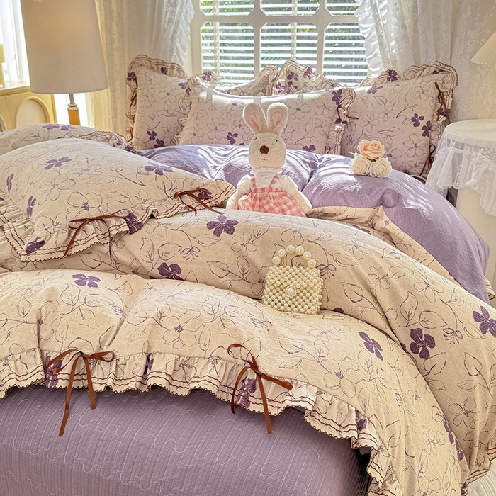 91家纺网 家纺一手货源 找家纺 韩约家纺 2025新款韩约1韩式蝴蝶结床盖款棉麻四件套 情缘