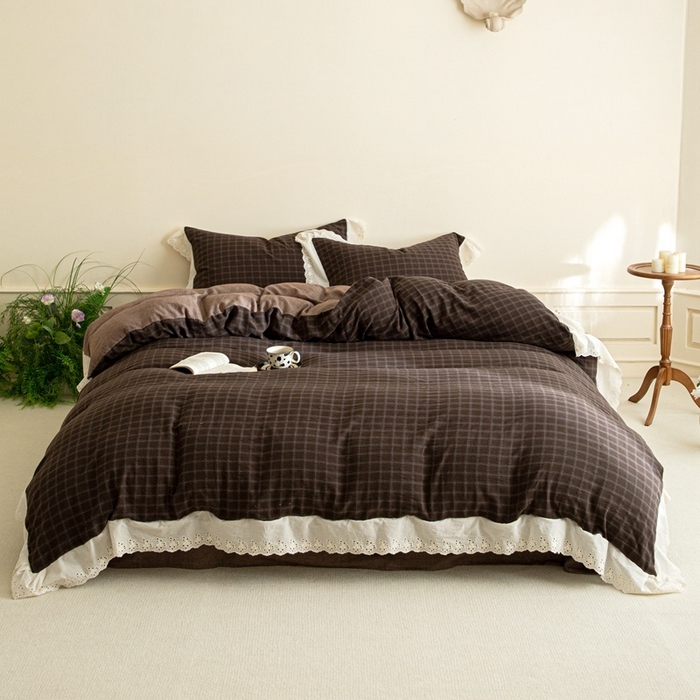 91家纺网 家纺一手货源 找家纺 （总）棉眠 2025新款全棉色织双层纱格子法式大花边款