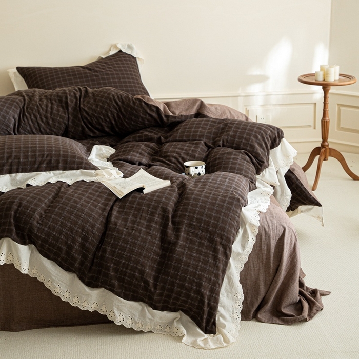 91家纺网 家纺一手货源 找家纺 （总）棉眠 2025新款全棉色织双层纱格子法式大花边款