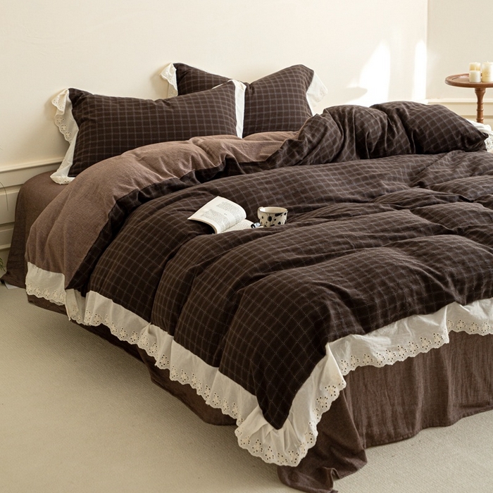 91家纺网 家纺一手货源 找家纺 （总）棉眠 2025新款全棉色织双层纱格子法式大花边款