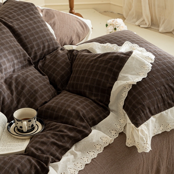 91家纺网 家纺一手货源 找家纺 （总）棉眠 2025新款全棉色织双层纱格子法式大花边款