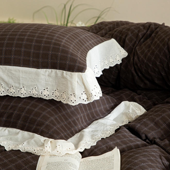 91家纺网 家纺一手货源 找家纺 （总）棉眠 2025新款全棉色织双层纱格子法式大花边款