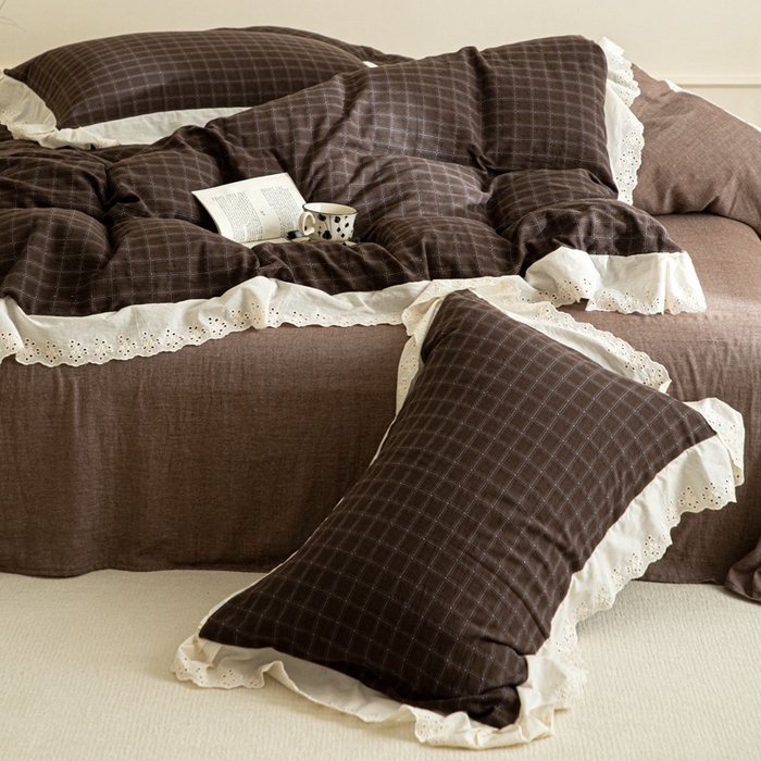 91家纺网 家纺一手货源 找家纺 （总）棉眠 2025新款全棉色织双层纱格子法式大花边款