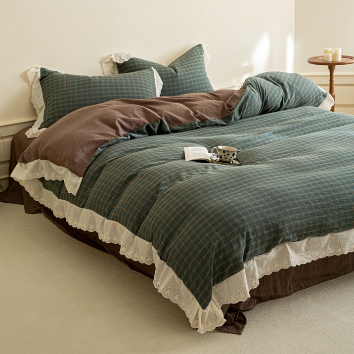 91家纺网 家纺一手货源 找家纺 棉眠 2025新款全棉色织双层纱格子法式大花边款 海莉-绿