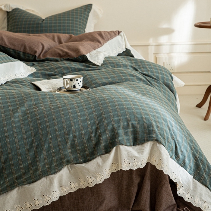 91家纺网 家纺一手货源 找家纺 棉眠 2025新款全棉色织双层纱格子法式大花边款 海莉-绿