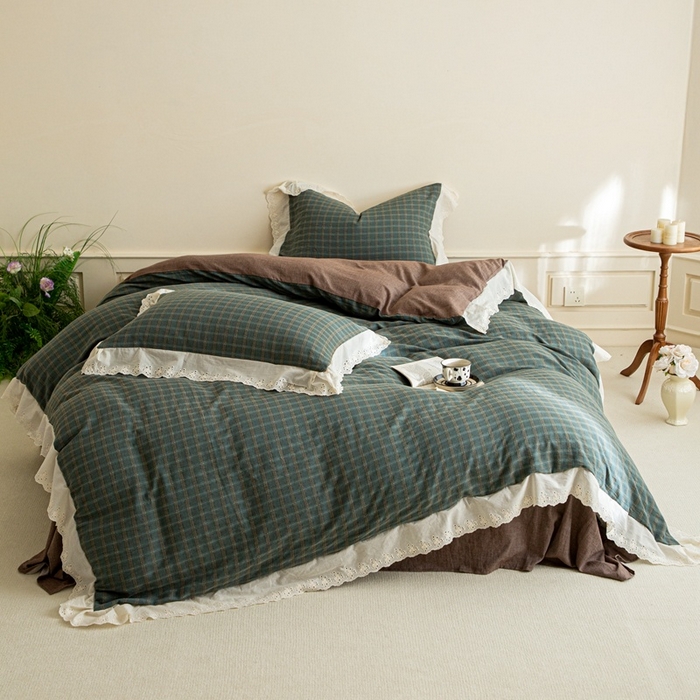 91家纺网 家纺一手货源 找家纺 棉眠 2025新款全棉色织双层纱格子法式大花边款 海莉-绿