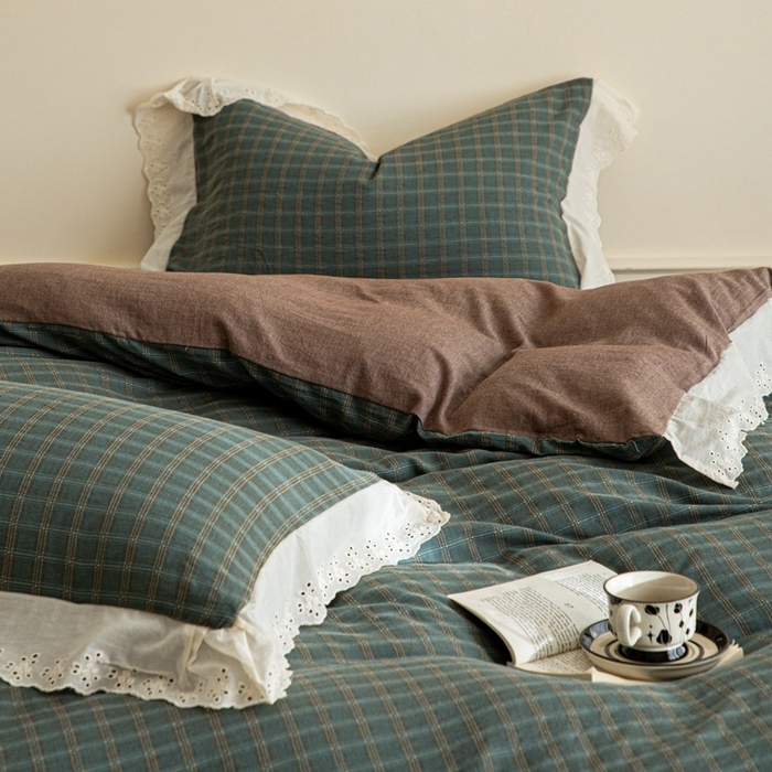 91家纺网 家纺一手货源 找家纺 棉眠 2025新款全棉色织双层纱格子法式大花边款 海莉-绿