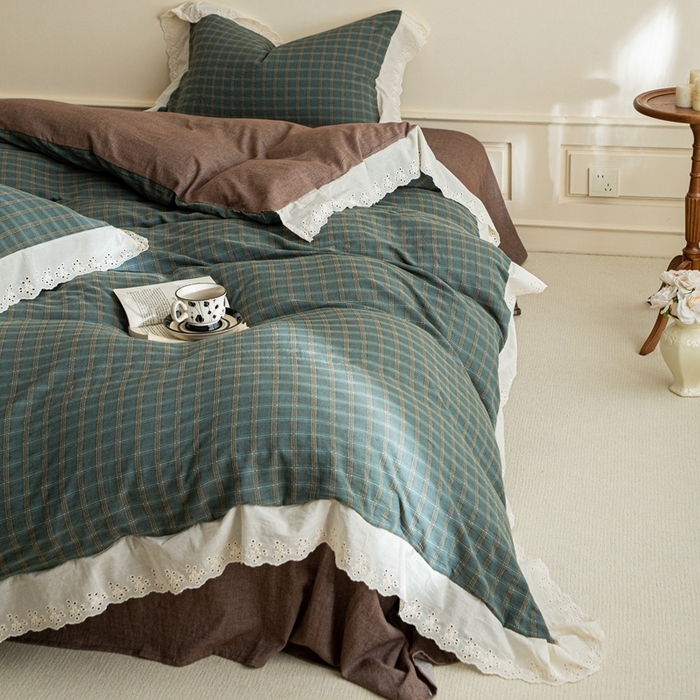 棉眠 2025新款全棉色织双层纱格子法式大花边款 海莉-绿