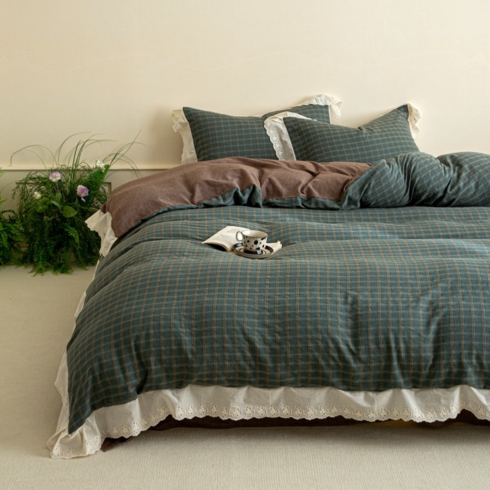 91家纺网 家纺一手货源 找家纺 棉眠 2025新款全棉色织双层纱格子法式大花边款 海莉-绿