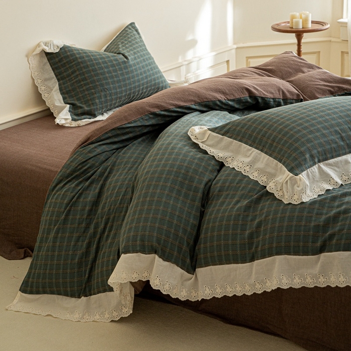 91家纺网 家纺一手货源 找家纺 棉眠 2025新款全棉色织双层纱格子法式大花边款 海莉-绿