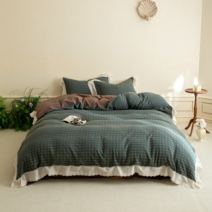 91家纺网 家纺一手货源 找家纺 棉眠 2025新款全棉色织双层纱格子法式大花边款 海莉-绿