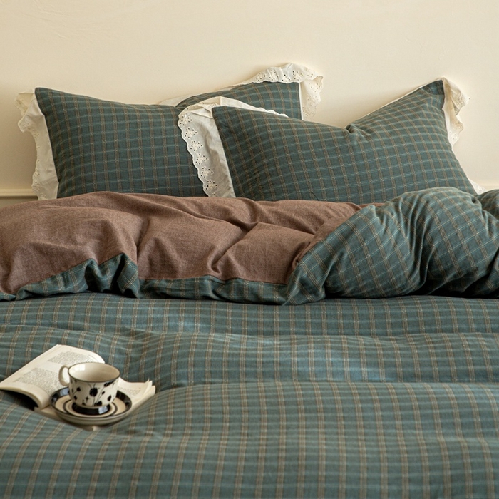 91家纺网 家纺一手货源 找家纺 棉眠 2025新款全棉色织双层纱格子法式大花边款 海莉-绿